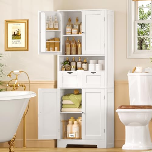 Kitchen Pantry Cabinet with Adjustable Shelf, Tall Storage Cabinet with 2 Drawers & 4 Door Shelves, Food Pantry Cabinets, for Kitchen, Dining Room, Living Room, White - color: White