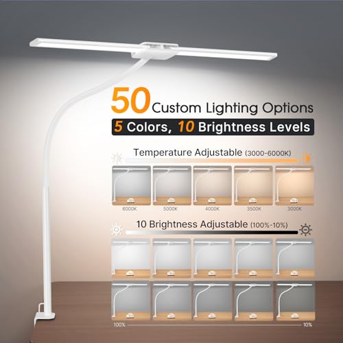 Syrinx LED Desk Lamp, Dual Head Desk Light with Clamp, Eye-Care Table Lamp | Flexible Gooseneck Task Light with Motion Sensor, Wired Control, 50 Lighting Modes, Timer & Memory Function for Home Office - color: White