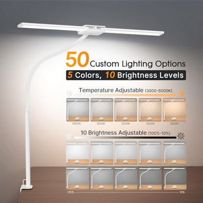 Syrinx LED Desk Lamp, Dual Head Desk Light with Clamp, Eye-Care Table Lamp | Flexible Gooseneck Task Light with Motion Sensor, Wired Control, 50 Lighting Modes, Timer & Memory Function for Home Office - color: White