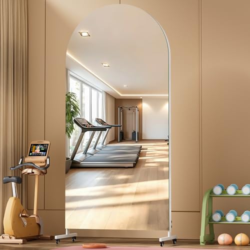 Hasipu 79" x 32" Arched Full Length Mirror on Wheels | HD tempered glass, sturdy aluminum frame, 4 smooth casters with locks, ideal for yoga, dance studio & home gym. - size: 79"L x 32"W