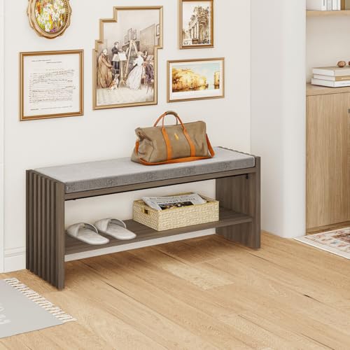 Shoe Storage Bench Bedroom, Entryway Bench with Cushion, Ottoman Benches for Living Room Hallway Entry (Greige Oak, 40 Inch Wide) - color: Greige Oak