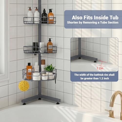 Standing Shower Caddy Corner, 4-Tier Adjustable Height Bathroom Organizer, 6-Section Pole, Sturdy Floor Standing Shelf for Shower or Bathtub – No Drilling, No Spring Tension (Gray) - color: Gray