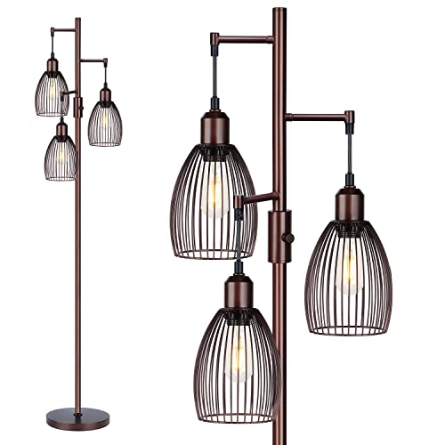 Torondo Dimmable Floor Lamp, Industrial Floor Lamps for Living Room, Brown Tree Lamp Standing Lamp Tall Lamps with 3 Elegant Teardrop Cage Head & 800 Lumens LED Bulbs for Living Room Bedroom Office - color: Brown-70 inches