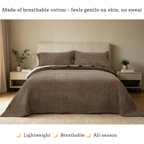 Pre-Washed Cotton King Size Quilt Set 98x106 Waffle Textured | Lightweight Breathable Bedspread Coverlet,All Season Bedding Set,Fits King & Cal King，with 2 Pillow Shams Brown - color: Brown, size: King-98x106