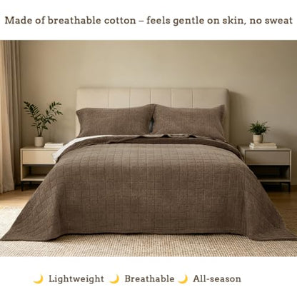 Pre-Washed Cotton California King Size Quilt Set Brown | 106x118 Breathable Bedspread Coverlet,Waffle Textured Blanket,All Season Bedding Set,Fits King & Cal King,with 2 Pillow Shams - color: Brown, size: Cal King-106x118