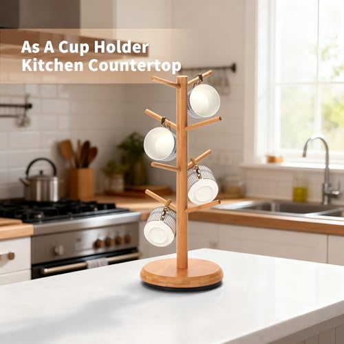 BAMBANG Mug Holder, 360° Rotating Mug Tree Holds 8 Coffee Cups, Space Saving Mug Rack with Stable Base for Kitchen Coffee Bar - color: Natural