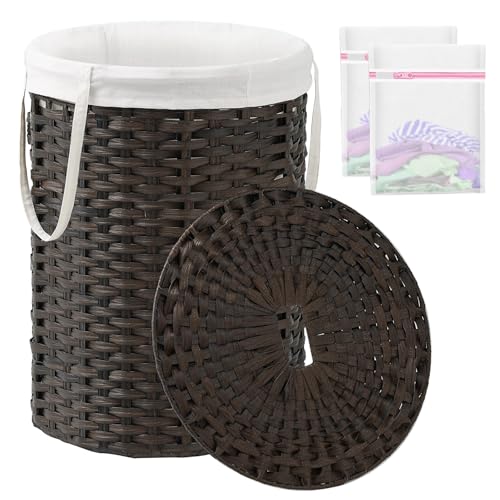 SETVSON Laundry Basket with Lid Round Rattan PE Laundry Hamper, Brown | 110L Large Woven Basket with Lid, Removable Washable Liner Bag, 2 Mesh Laundry Bags, Side Handles for Easy Carrying - color: Brown, size: 110 L