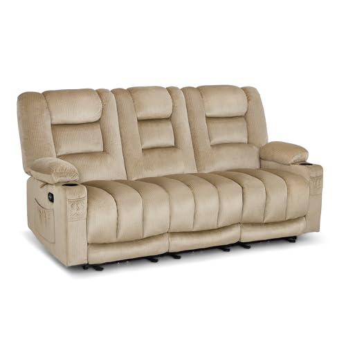 MCombo 82 in 3 Seater Reclining Sofa with Heat and Massage PR647 (Beige) | 155° Zero Gravity, Reclining Middle Seat, Dual Charging Ports, Cup Holders, FSC & OEKO Certified - color: Beige, size: 3 Seater Recliner with Zero Gravity