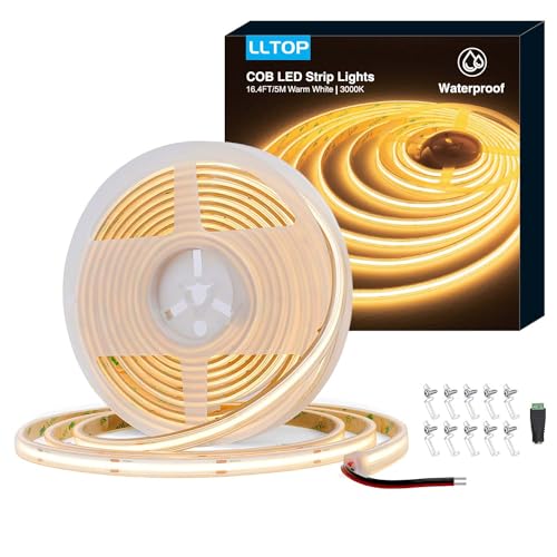 LLTOP COB LED Strip Lights Waterproof IP67 24VDC Warm White 3000K 16.4FT | CRI 92Ra+, Outdoor LED Tape Lighting, DIY Cuttable, For Bedroom Kitchen Cabinet Shelf (Power Supply Not Included) - color: Warm White 3000K (power supply not included)