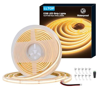 LLTOP COB LED Strip Lights Waterproof IP67 24VDC Warm White 3000K 16.4FT | CRI 92Ra+, Outdoor LED Tape Lighting, DIY Cuttable, For Bedroom Kitchen Cabinet Shelf (Power Supply Not Included) - color: Warm White 3000K (power supply not included)