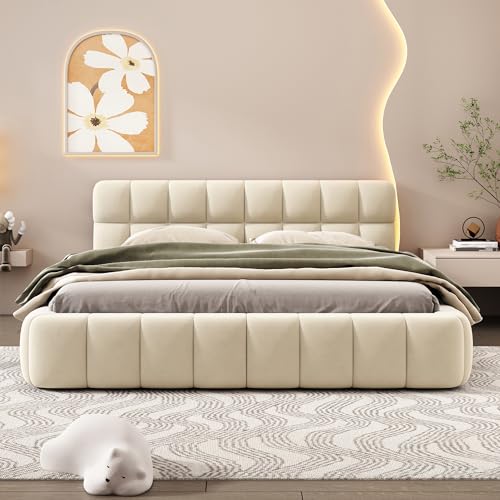 Merax Modern Queen Upholstered Bed Frame with Wingback, Floor Thick Fabric Platform Bed with Solid Frame, No Box Spring Needed, Beige - color: Beige, size: Queen