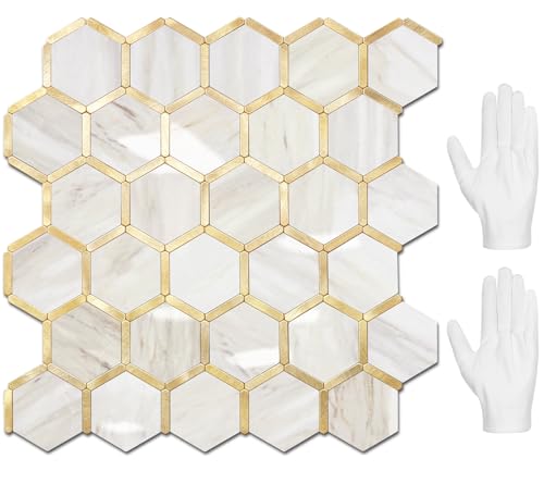 STICKGOO Hexagon Peel and Stick Backsplash Tile, Stick on Backsplash for Kitchen and Bathroom, Glossy Eurasian Wood Grain PVC Mixed Metal Gold Self Adhesive Wall Tiles(10 Sheets, Seamless) - color: Eurasian Wood Grain with Metal Gold