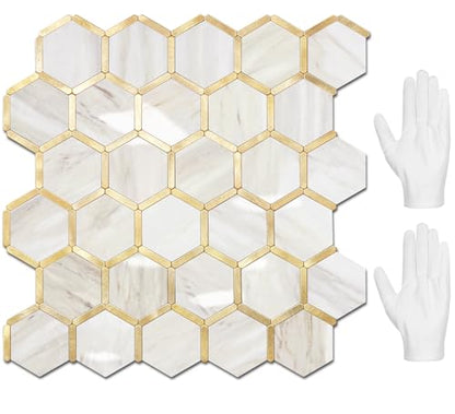 STICKGOO Hexagon Peel and Stick Backsplash Tile, Stick on Backsplash for Kitchen and Bathroom, Glossy Eurasian Wood Grain PVC Mixed Metal Gold Self Adhesive Wall Tiles(10 Sheets, Seamless) - color: Eurasian Wood Grain with Metal Gold