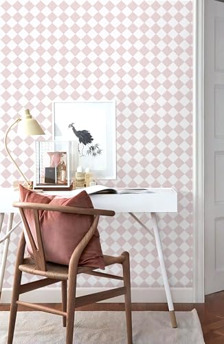 Safiyya 196"x 17.3" Pink and White Checkered Wallpaper Geometric Funky Peel and Stick Wallpaper Self Adhesive Removable Contact Paper Pink Check Wall Paper for Bedroom - color: Pink, size: 17.3" x 196"