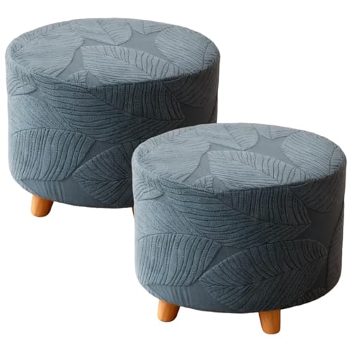 Round Ottoman Cover Stretch Round Ottoman Storage Slipcover Leaves Jacquard Folding Footrest Stool Furniture Protector Cover with Elastic Bottom for Living Room Set of 2 Dark Gray - color: Dark Gray, size: Set of 2