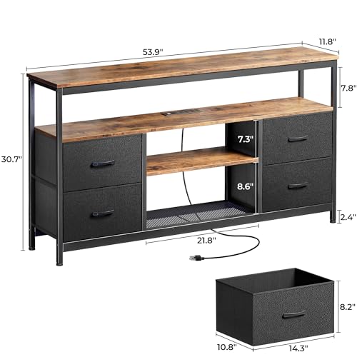 Huuger TV Stand Dresser with Power Outlets and LED Lights, 4 Drawers Entertainment Center with Shelves, 54 Inch Media Console for 55 60 Inch TV, PU Finish, Rustic Brown and Black - color: Rustic Brown and Black, size: 54 Inches