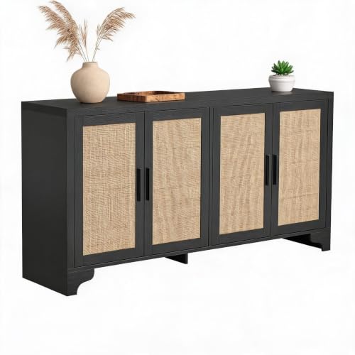 Rattan Sideboard Cabinet, 4-Door Buffet Storage for Entryway Living Room | Adjustable shelves and compartments organize shoes, decor, tableware, and essentials for apartments, homes, & family spaces.