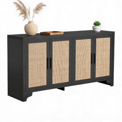 Rattan Sideboard Cabinet, 4-Door Buffet Storage for Entryway Living Room | Adjustable shelves and compartments organize shoes, decor, tableware, and essentials for apartments, homes, & family spaces.