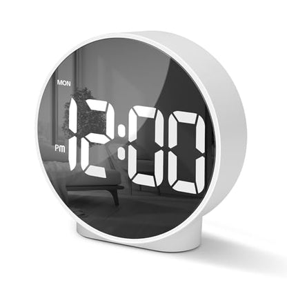 Lafocuse LED White Digital Alarm Clock Battery Operated, Modern Round Digital Clock with 2 Alarms, Snooze, Adjustable Brightness, Curved Screen Design Bedside Alarm Clock for Bedroom Office - color: White