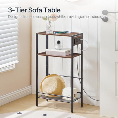 HOOBRO 15.7" Narrow Console Table with Charging Station, 3 Tier Entryway Table for Small Space, Behind Couch Table, Sofa Table, for Entryway, Hallway, Living Room, Rustic Brown and Black BF42UXG01 - color: Rustic Brown + Black