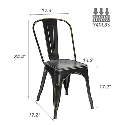 Devoko Metal Indoor-Outdoor Chairs Distressed Style Kitchen Dining Chairs Stackable Side Chairs with Back Set of 4 (Black Gold) - color: Black Gold