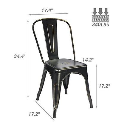 Devoko Metal Indoor-Outdoor Chairs Distressed Style Kitchen Dining Chairs Stackable Side Chairs with Back Set of 4 (Black Gold) - color: Black Gold