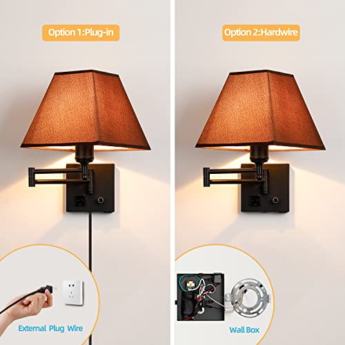 Swing Arm Wall Lamp.Plug in Wall Sconces with USB Port and AC Outlet.Sconces Wall Lighting Coffee Fabric Shade with Dimmable Switch for Hallway Bedroom Living Room.Black Finish. - color: Black