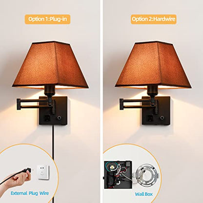 Swing Arm Wall Lamp.Plug in Wall Sconces with USB Port and AC Outlet.Sconces Wall Lighting Coffee Fabric Shade with Dimmable Switch for Hallway Bedroom Living Room.Black Finish. - color: Black