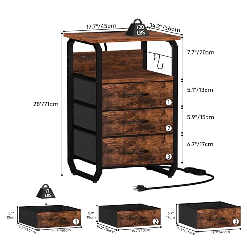 runjuly End Tables Set of 2 with Charging Station, LED Lights, Hooks, Brown | 3 Large Fabric Drawers, USB C Ports & Power Outlets, Metal Night Stand Pair, Storage Nightstand for Living Room / Bedroom - color: Rustic Brown, style: Larger+Taller Set of 2