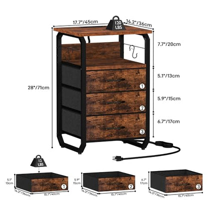runjuly End Tables Set of 2 with Charging Station, LED Lights, Hooks, Brown | 3 Large Fabric Drawers, USB C Ports & Power Outlets, Metal Night Stand Pair, Storage Nightstand for Living Room / Bedroom - color: Rustic Brown, style: Larger+Taller Set of 2