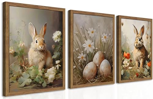 Vintage Easter Bunny Wall Art Set of 3, Spring Easter Rabbit Eggs Canvas Wall Decor Paintings, Rustic Farmhouse Animal Artwork Prints Pictures for Living Room Bedroom Bathroom 12x16 Inch Framed - color: Brown Gray Rabbit, size: 16L" x 12W"