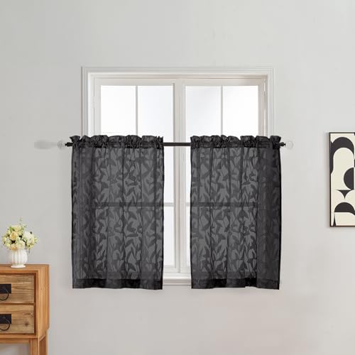 Gwine Black Curtains 24 Inch Length, Light Filtering Clip Jacquard Textured Small Kitchen Cafe Curtain, Short Sheer Window Drapes for Camper RV Bathroom, 42x24 Inch, 2PCS - color: Black, size: 42"W x 24"L (Pack of 2)