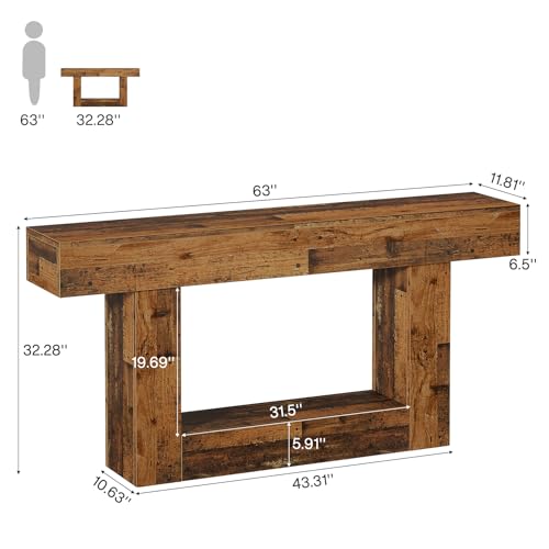 Tribesigns 63" Console Table, Farmhouse 2-Tier Entryway Table with U-Shaped Base, Narrow Long Wood Sofa Table Behind Couch Table for Living Room, Hallway, Foyer, Mix Brown - color: Mix Brown