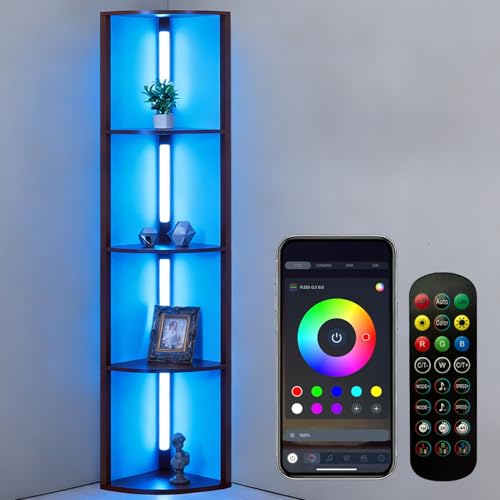 RGBCW Floor Lamp with Shelves, LED Smart Modern Floor Lamp with Music Sync, Color Changing Corner Display Shelf Lamp, Standing Lamp with Shelves for Living Room and Bedroom, Office, Brown - color: Brown
