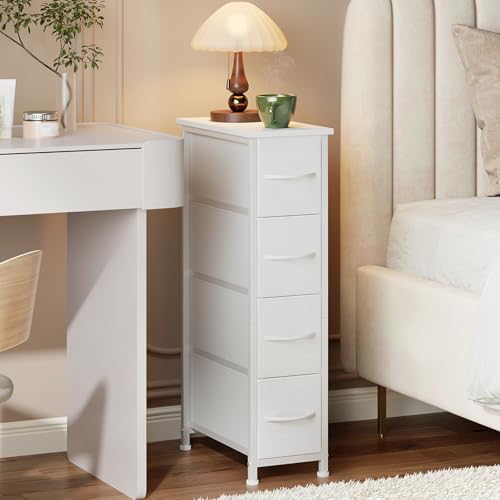 Somdot Narrow Dresser for Bedroom, 4 Drawer Storage Cabinet, White | Storage Organizer with Fabric Bins, Storage Organizer Unit, Wood Top, Sturdy Steel Frame, Chest of Drawer for Closet, Hallway - color: White, size: 18.9"D x 7.9"W x 29.5"H (4 Drawers)