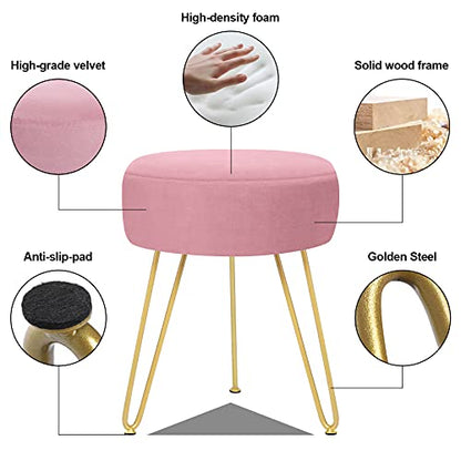 GERANT Multifunctional Vanity Stools - Velvet Round Ottoman Modern Dressing Stool -Upholstered Footrest Stool - Side Table Footstool with Golden Metal Leg for Living Room, Bedroom (Pink) - color: Pink