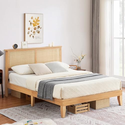 GarveeHome Rattan Bed Frame Queen, Rustic-Chic Bed Frame Queen Size with Natural Rattan Headboard, Queen Bed with Led Lights, Wooden Support Legs and Slats, Noise-Free, No Box Spring Needed - size: Queen