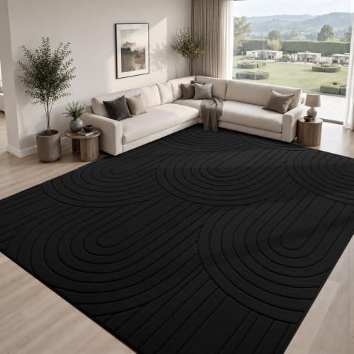Sour Lemon 8x10 Area Rugs for Living Room Bedroom, Washable Rug Black | Machine Modern Carpet Non-Slip, Soft Large Fluffy Plush Thick, Big, Geometric High-Low Pile Nersy Rug for Kids Dining Room - color: Black, size: 8' x 10' (Rectangular)