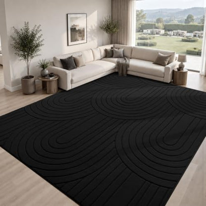 Sour Lemon Area Rugs 9x12 Living Room Bedroom, Modern Washable Rug Black | Machine Carpet Non-Slip, Soft Large Fluffy Plush Thick, Big, Geometric High-Low Pile Nersy Rug for Kids Dining Room - color: Black, size: 9' x 12' (Rectangular)