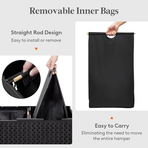 Lifewit 110L Plastic Double Laundry Basket with Lid, Collapsible 2 Section Clothes Hamper with Wheels and Removable Bags, Large Rolling 2 Compartment Bin for Laundry Room Bedroom Bathroom, Black
