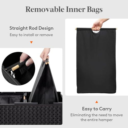 Lifewit 110L Plastic Double Laundry Basket with Lid, Collapsible 2 Section Clothes Hamper with Wheels and Removable Bags, Large Rolling 2 Compartment Bin for Laundry Room Bedroom Bathroom, Black