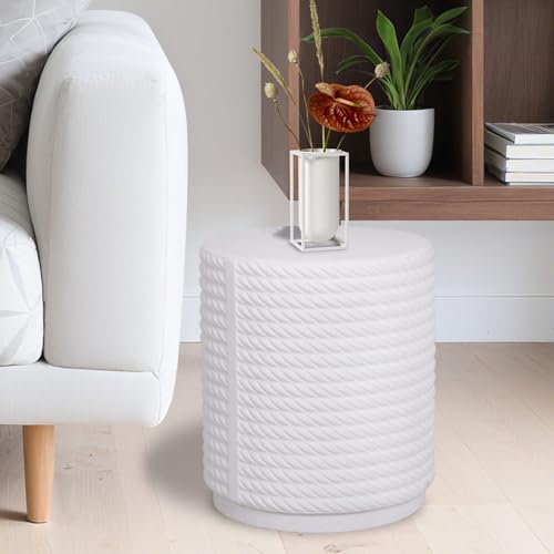 Afterglow Outdoor Round Side Table, 14.6" Retro Modern Fluted Accent End Table, Nightstand Bedside Tables & Decorative Garden Stools for Living Room Bedroom Sofa Couch Small Space Patio Decor - color: White Woven