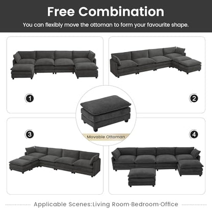 ROWHY Oversized Modular Sectional Couch with 2 Movable Ottoman, 148" Modern Convertible U Shaped Sofa Set, 4 Seat Comfy Cloud Couch with 2 Throw Pillows, for Living Room, Chenille, Charcoal Grey - color: Chenille Dark Grey, size: 6 Seats U-Shaped