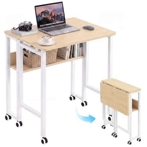 VECELO Folding Desk with Upgraded Wheels, 24.8 Inch Rolling Computer Table with Storage Shelf, Space Saving Sofa Table, Portable Mobile Workstation Small Spaces, Easy Assembly, Light Oak - color: Light Oak
