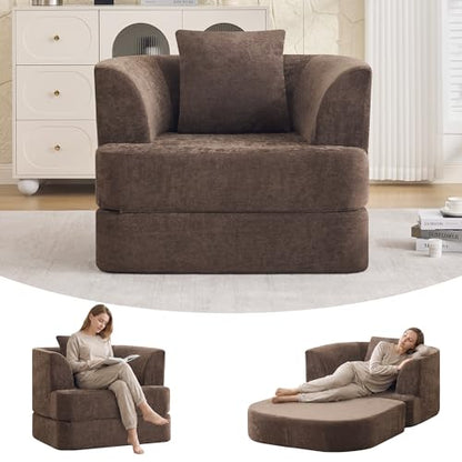 HUBSON 2-in-1 Folding Sofa Bed, Chenille Convertible Single Sleeper Chair Bed, Modern Boneless Foldable Couch, High-Density Foam Lounge Chair for Living Room, Bedroom, No Assembly Required, Brown - color: Brown