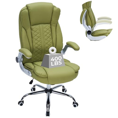 400lbs Executive Office Chair with Flip-Up Armrests, Big and Tall Computer Chair for Heavy People, Heavy Duty Ergonomic Comfy Chair, Breathable PU Leather (Green) - color: Green