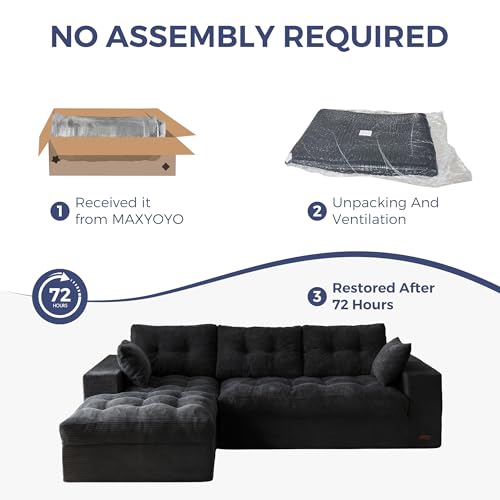 MAXYOYO Boneless Couch, 104-Inch L-Shaped Cloud Couch with Ottoman | Black Upholstered Sofa Features Layered Cushions and Flexible Modules with No Assembly, Ideal for Modern Living Rooms. - color: Black, size: 104" L Shape
