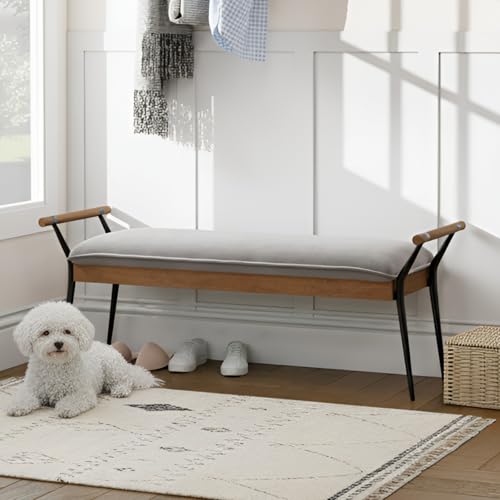 DUOMAY Modern Chenille Ottoman Bench with Arms & Metal Legs, Grey | Mid Century Rectangle Bench Footstool Dining Bench Entryway Shoe Bench For Bedroom Living Room - color: Grey