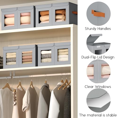 Large Closet Storage Bins - Collapsible Divided Clothes Organizer with Lids & Dual Window, Fabric Organizing Bins for Clothes, Sweater, Bedroom, Office (Grey, 2 Pack) - color: Grey, size: L(2-Pack)