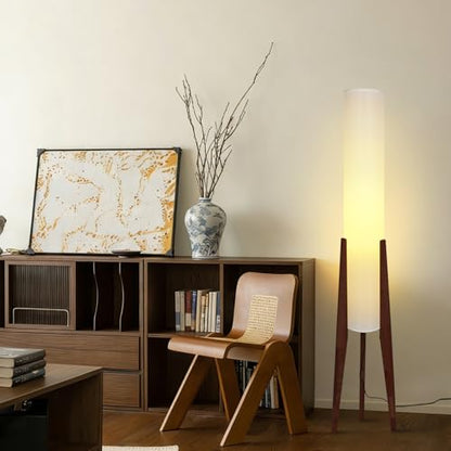 Wabi-Sabi 50" Wood Tripod Floor Lamp with Paper Lantern Inspired | Tall Linen Fabric Shade, E26 3-Color Temperatures Bulb Included, Foot Switch, Walnut Finish For Living Room, Bedroom, Office - color: Walnut